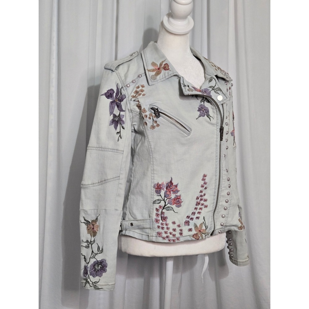 V. Cristina Floral Embroidered Studded Denim Moto Jacket Light Wash Blue Small